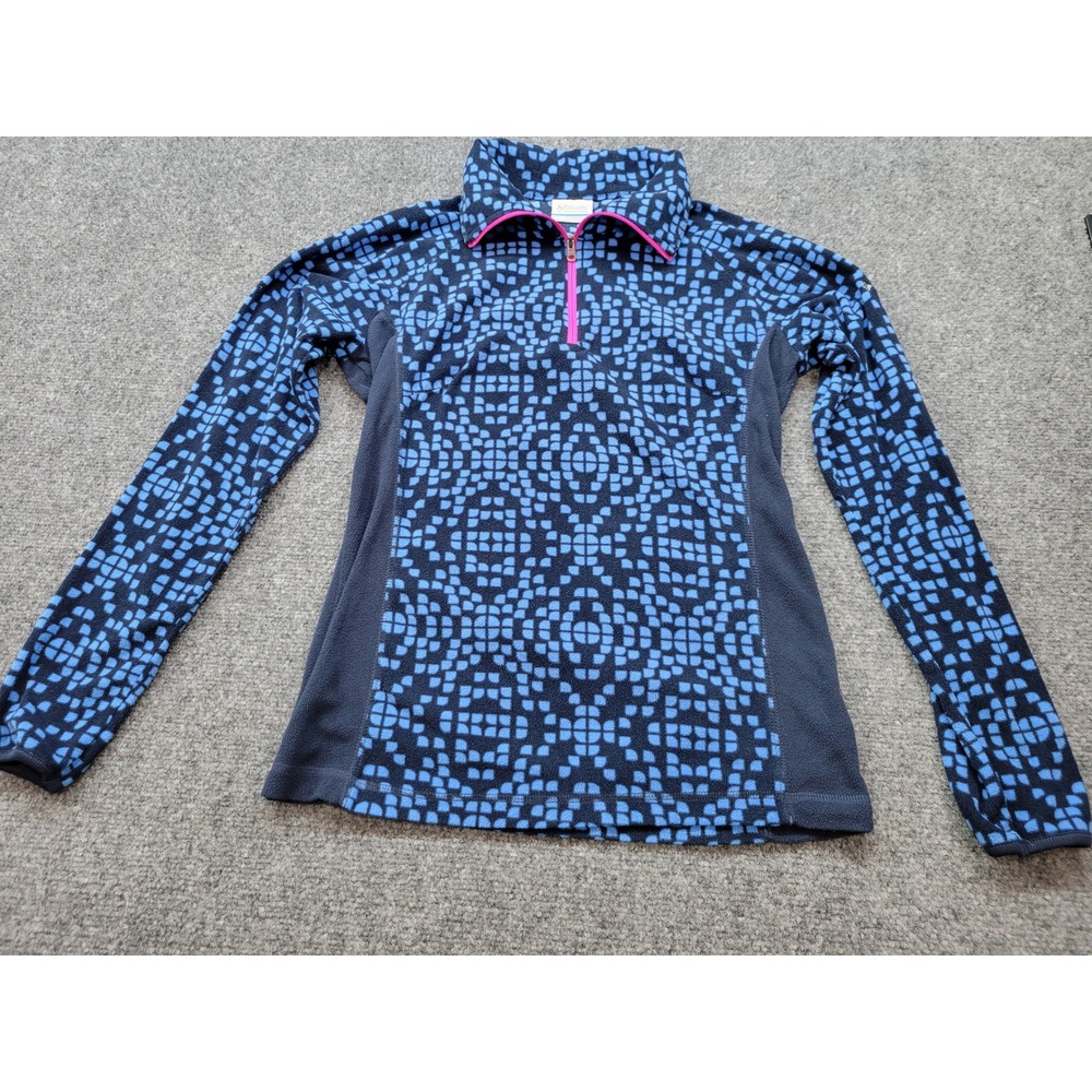 Columbia Womens Small Blue Geometric Fleece 1/4 Zip Pullover AL6437 Pink Trim